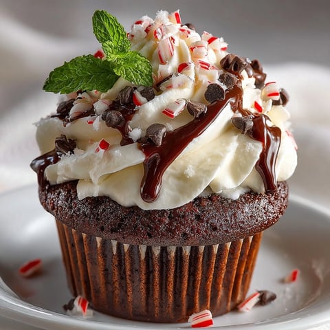 Delicious Peppermint Mocha Cupcakes topped with fluffy white frosting and mini chocolate chips for garnish.