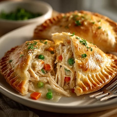 Golden, baked Chicken Pot Pie Empanadas feature flaky crusts filled with a savory chicken and veggie mixture.