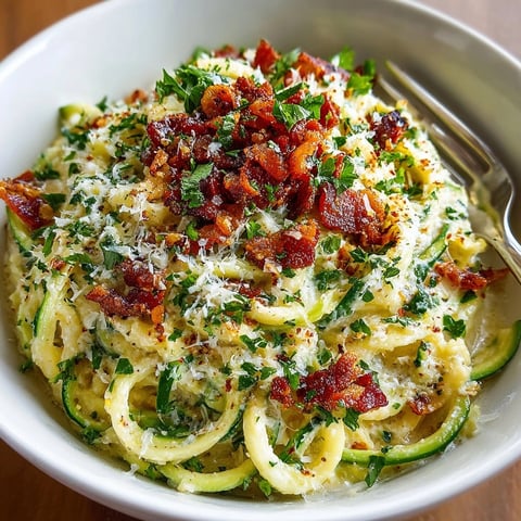 Zucchini Noodle Carbonara with crispy turkey bacon, a delicious, light Italian-inspired meal.