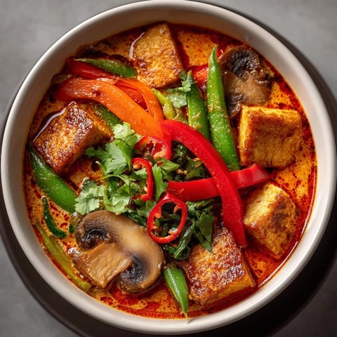 Creamy Thai Curry Coconut Soup in a bowl, topped with cilantro and red chili.