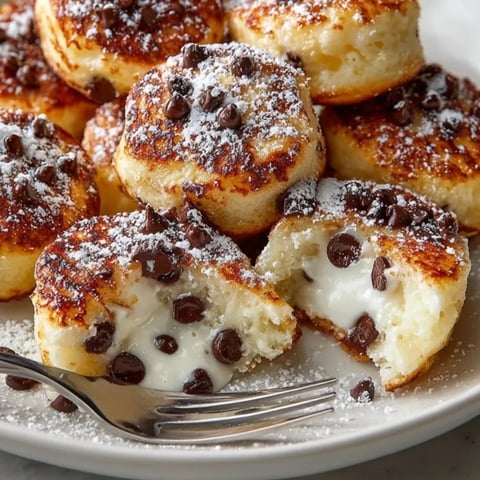 Ricotta Chocolate Chip Pancake Bites displayed warm and golden, dusted with powdered sugar, on a breakfast plate.