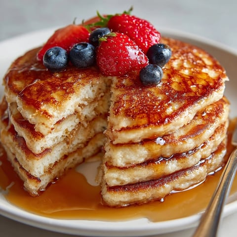 Stack of 3-Ingredient Banana Pancakes on a white plate, drizzled with maple syrup and berries.