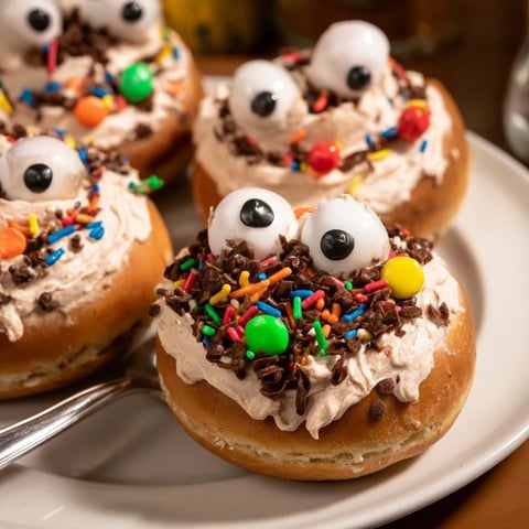 Whimsical Coffee Cream Monster Muffin Donuts with colorful sprinkles and candy eyes.  