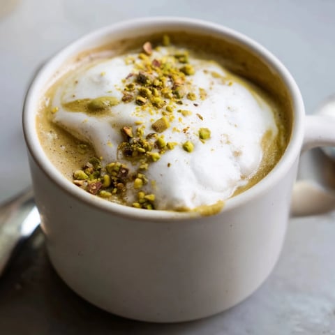 Creamy pistachio milk latte topped with crushed nuts, perfect for coffee lovers.  