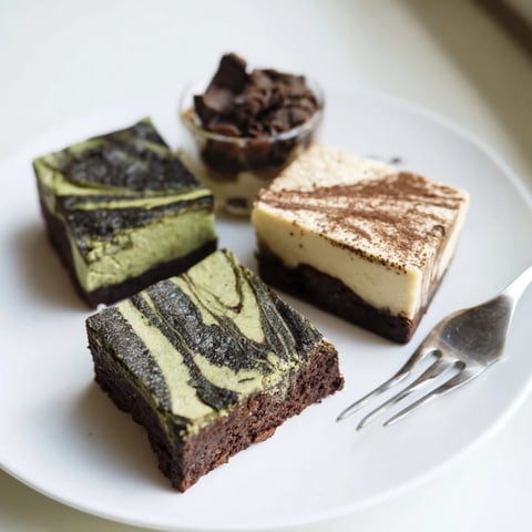 Decadent matcha-miso brownies topped with rich chocolate and a hint of saltiness.  
