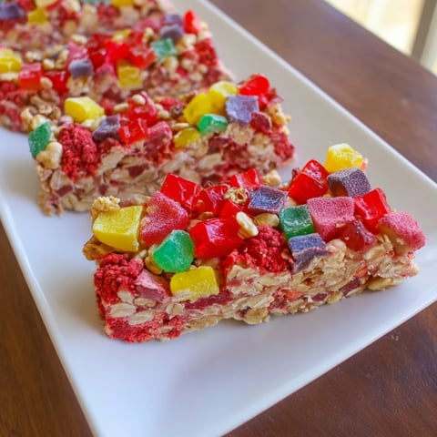 Colorful DIY snack bars topped with fruity gummies and crunchy freeze-dried candies.  