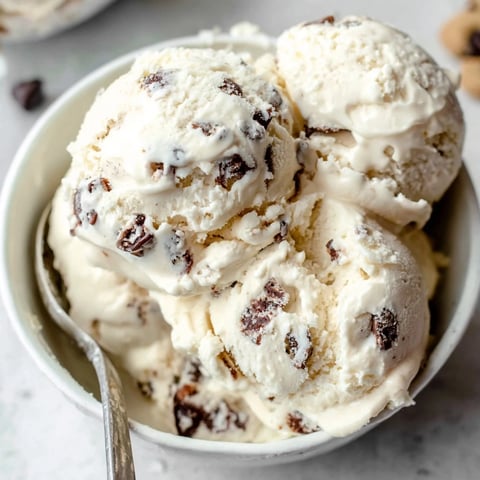 Creamy cottage cheese ice cream swirled with rich chocolate chip cookie dough bites.  