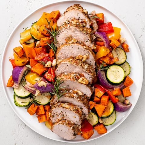 Savory roasted garlic pork tenderloin, glistening with herbs and vegetables, ready to serve.