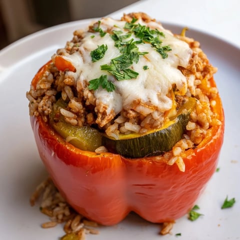 Warm, vibrant image of baked Stuffed Peppers with ground turkey, cheese melting over the top.