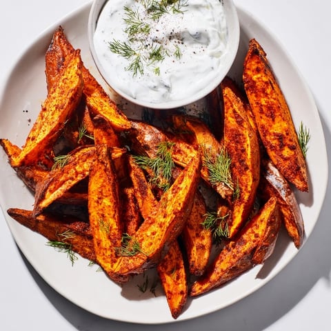 Crispy golden roasted sweet potato wedges with a vibrant, herbed yogurt dip alongside.