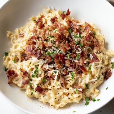 Steaming Instant Pot carbonara ramen hack with crispy bacon and a rich, creamy sauce.