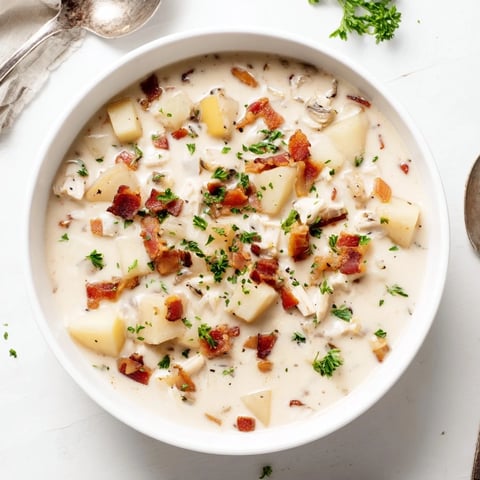 A steaming bowl of creamy New England Clam Chowder, filled with tender clams and smoky bacon.