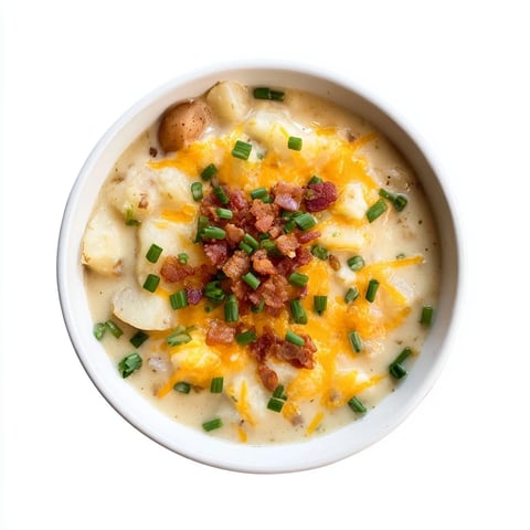 Steaming bowl of The Ultimate Baked Potato Soup, creamy texture, garnished with fresh chives and crispy bacon.