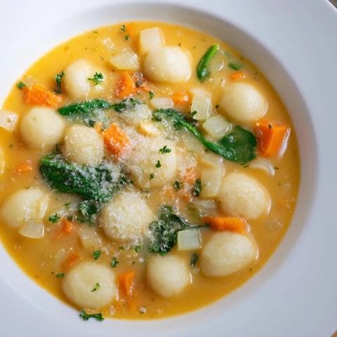 Steaming bowl of Savory Butternut Squash Gnocchi Soup, garnished with vibrant green parsley and Parmesan.