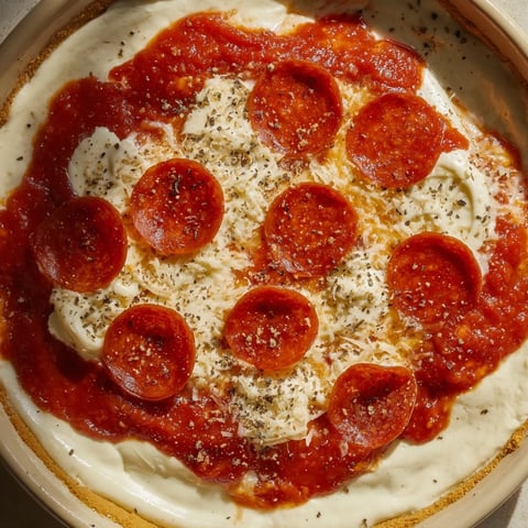 Bubbling, cheesy Pizza Dip topped with crispy pepperoni, ready to be scooped up by dippers.