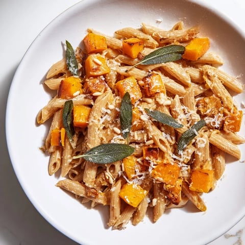 Golden roasted butternut squash and sage brown butter pasta, ready to serve with Parmesan.