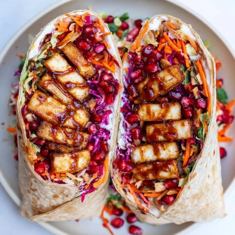 Crispy sweet chili tofu crunch wrap, featuring vibrant holiday slaw, perfect for a flavorful vegan lunch.