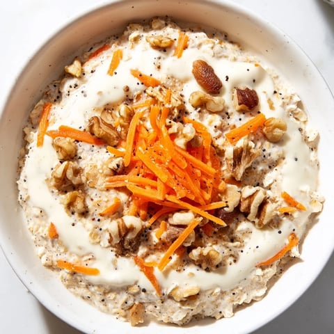 A close-up of creamy Carrot Cake Overnight Oats, perfect for a quick, healthy breakfast.