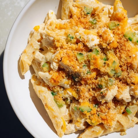 Creamy Jalapeño Popper Chicken Pasta, bubbling hot with a golden breadcrumb topping, is dinner ready.