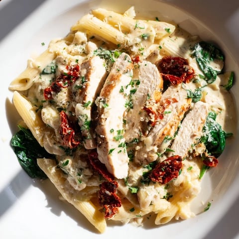 Creamy Tuscan Chicken Pasta, showcasing tender chicken and sun-dried tomatoes in a rich, creamy sauce.