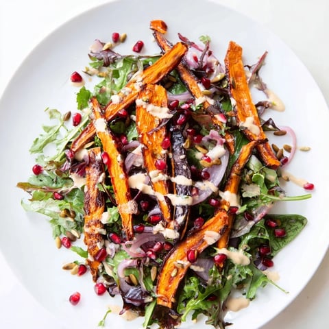 Vibrant Roasted Carrot Salad with tahini-lemon drizzle, showing caramelized carrots and fresh greens.