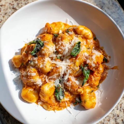 One-skillet creamy tomato gnocchi bubbling with cheese, ready to enjoy this Italian-inspired comfort dish.