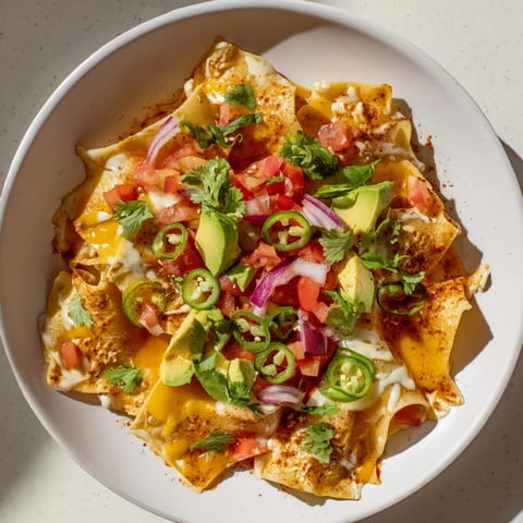 Golden-brown pasta chips nachos loaded with melted cheese and vibrant, fresh toppings for snacking.