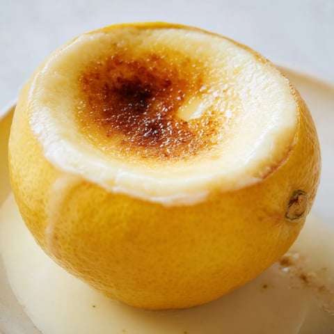 Creamy lemon brûlée posset with a crackled sugar top glistening under the light, so refreshing.