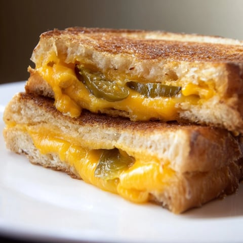 Golden brown sourdough grilled cheese oozing melted cheddar and pickled jalapeños, served warm beside a bowl of tomato soup.