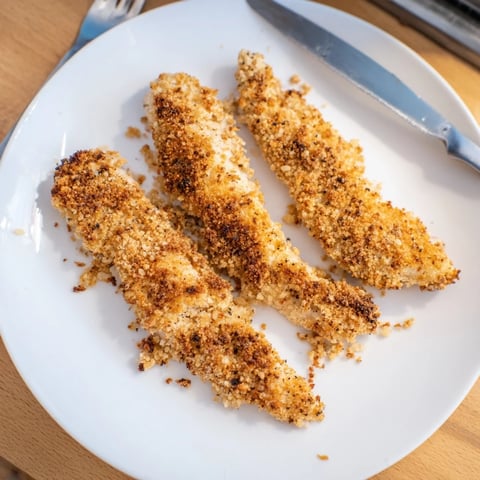 Crispy Panko Chicken Strips arranged on a wooden board, golden-brown with herbed breadcrumbs, served with honey mustard dipping sauce for a family dinner.  