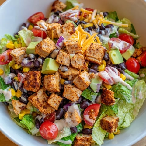 Golden-brown, taco-seasoned chicken chunks rest atop a crisp bed of chopped romaine with halved cherry tomatoes, black beans, and corn in this Chicken Taco Chopped Salad.  