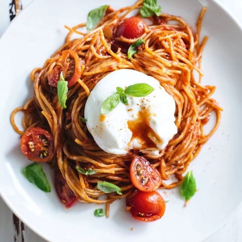 Creamy burrata melts into pasta with juicy cherry tomatoes and fresh basil on a white plate.  