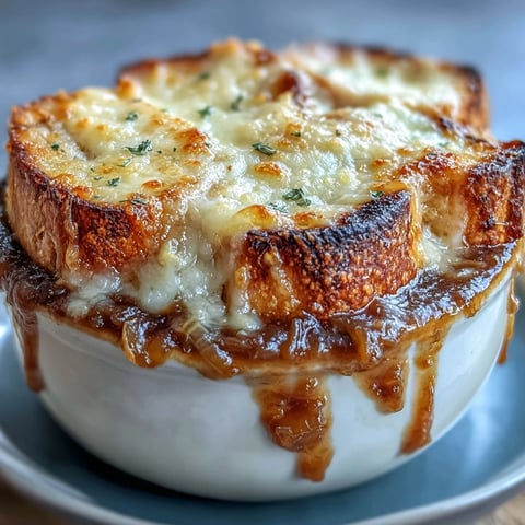 French Onion Soup served in a rustic bowl with melted Gruyère bubbling over crusty bread.