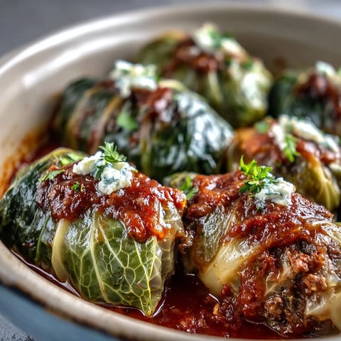 Oven-baked cabbage rolls stuffed with savory meat and rice, swimming in rich, bubbling tomato sauce.