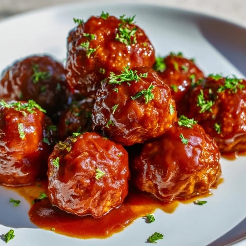 Close-up shot of slow cooker filled with glistening, vibrant cherry BBQ meatballs, ready to serve and enjoy.