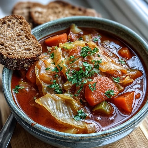 Vibrant, steaming Classic Cabbage Soup served in a rustic bowl, featuring tender green cabbage, carrots, and celery in a rich tomato broth.