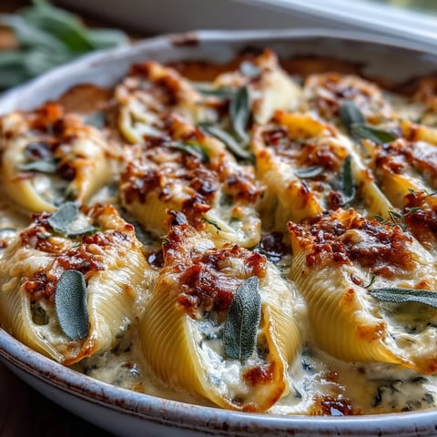 Golden brown Pumpkin & Gouda Stuffed Shells are garnished with crispy sage leaves resting in creamy Alfredo sauce. 