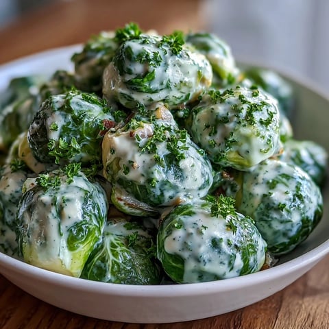 Roasted Brussels sprouts coated in a creamy Dijon mustard sauce, served warm as a savory vegetarian side dish.