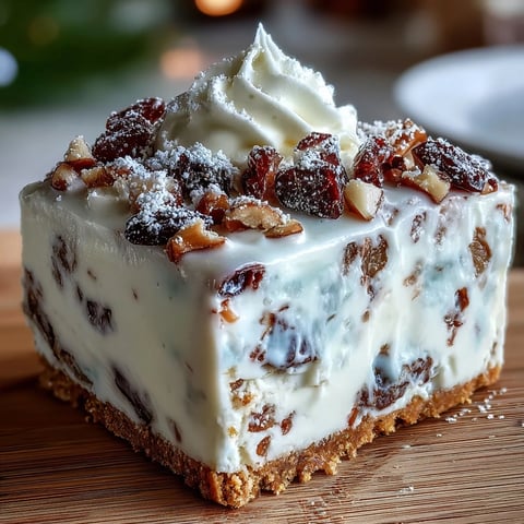Christmas Cheesecake Slab squares topped with whipped cream and icing sugar dusting on a wooden board.