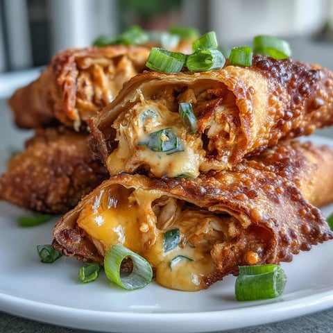 Golden-brown Buffalo Chicken Dip Egg Rolls served with a small bowl of ranch or blue cheese dressing for dipping.