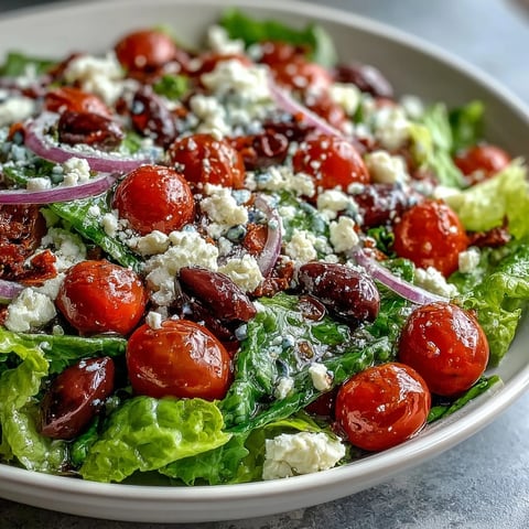 Freshly tossed Greek Salad Bowl with crisp romaine, briny Kalamata olives, and creamy feta cheese topped with juicy tomatoes.