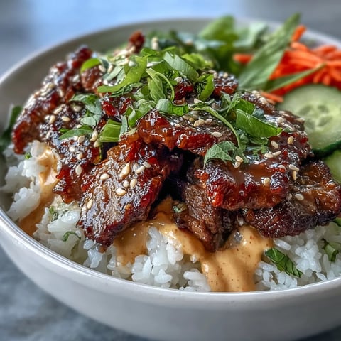 Korean Beef Power Bowl with tender sesame-ginger beef, fluffy rice, tangy pickled carrots, crisp cucumber, and a creamy sriracha mayo drizzle.
