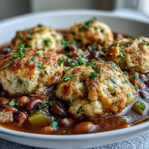 A steaming pot of Black-Eyed Peas and Sausage Dumplings, featuring browned sausage and savory broth with fluffy cornmeal dumplings on top.