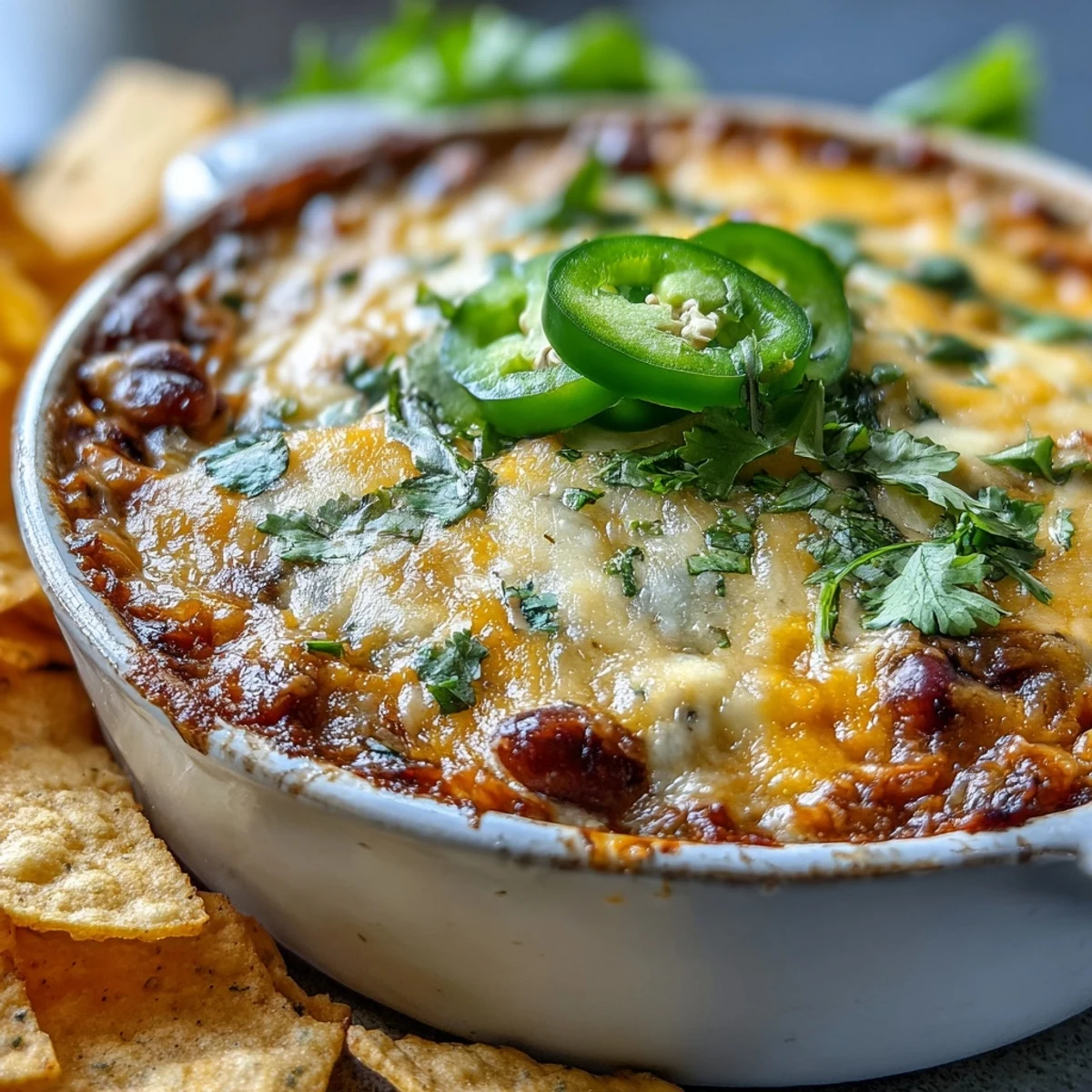 Golden-brown, bubbling Hot Black-Eyed Pea Dip with Jalapeño and Cumin, garnished with fresh cilantro, served in a baking dish with tortilla chips.