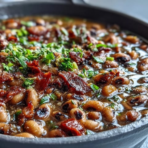 A steaming pot of Texas Black-Eyed Peas shows diced bacon and tomatoes in a rich, reddish broth.