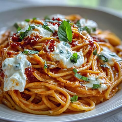 Creamy Red Pepper Pasta with Burrata & Herbs shines in a shallow bowl with torn burrata and basil.