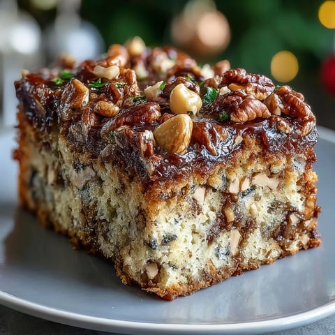 A close-up view of a slice of Christmas Toffee Crunch Cake, showing moist buttery layers packed with golden toffee bits and crunchy chopped pecans on a white plate.