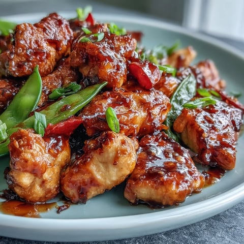 Golden-brown Spicy Sweet Chicken Diablo pieces with crisp bell peppers and snap peas glistening in a glossy, spicy-sweet sauce.