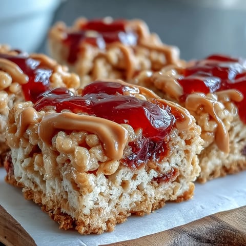 Homemade High-Protein PB&J Rice Krispie Bars swirled with strawberry jelly and a thick peanut butter drizzle.