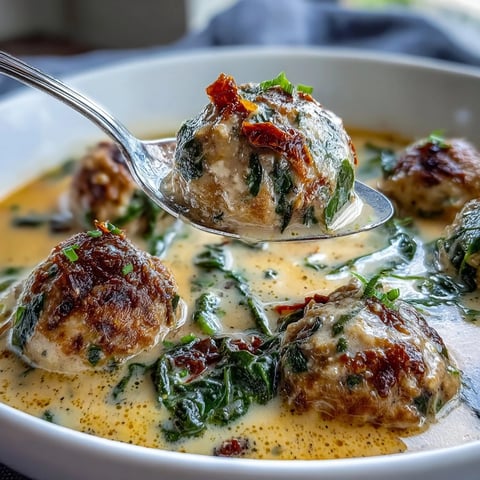 Creamy Tuscan Turkey Meatball Soup is ladled into a rustic bowl, featuring tender meatballs, wilted spinach, and sun-dried tomatoes in a rich garlic Parmesan broth.